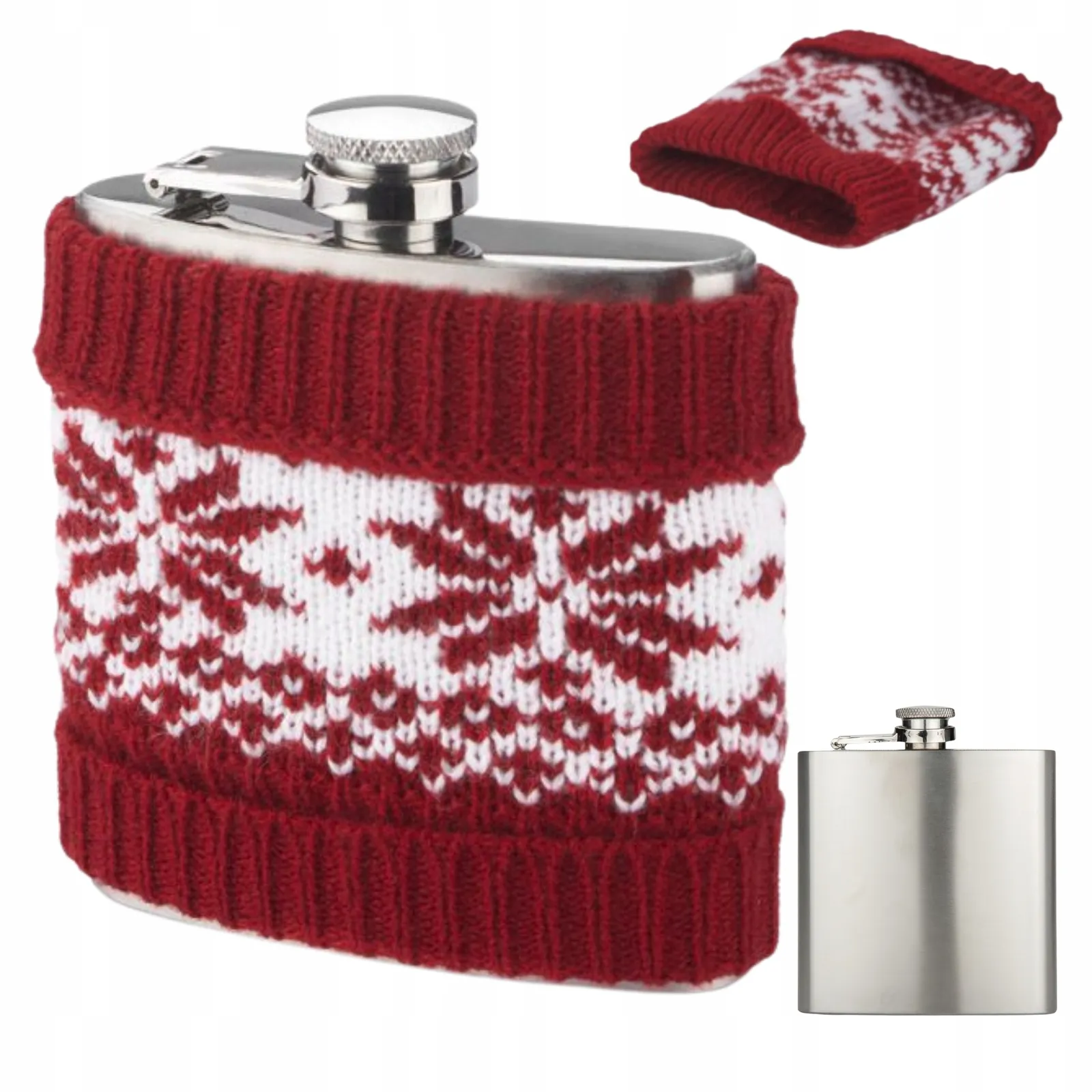 Piersiówka świąteczna metalowa 200ml w sweterku czerwono białym