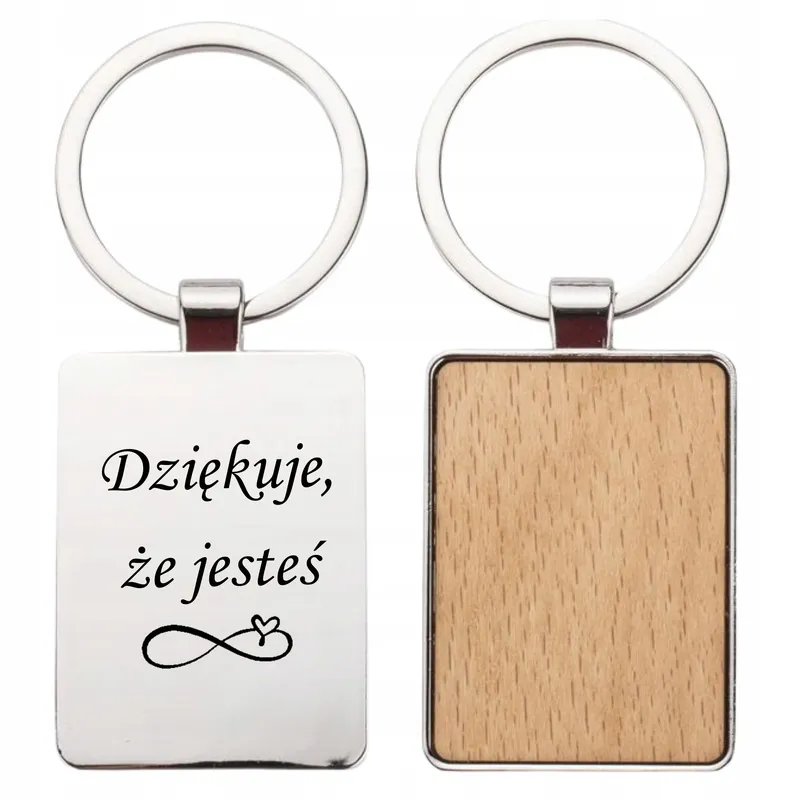 Brelok z grawerem metalowo drewniany personalizowany prezent WŁASNY NAPIS