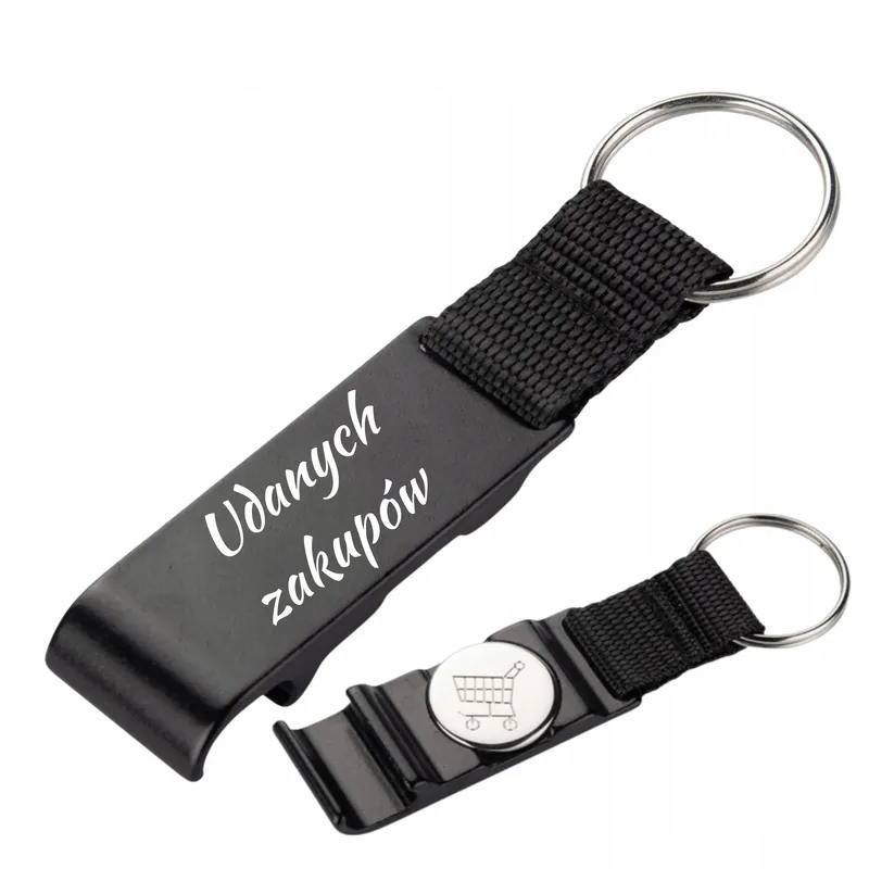 Brelok do kluczy z otwieraczem i żetonem czarny z WŁASNYM NAPISEM LOGO