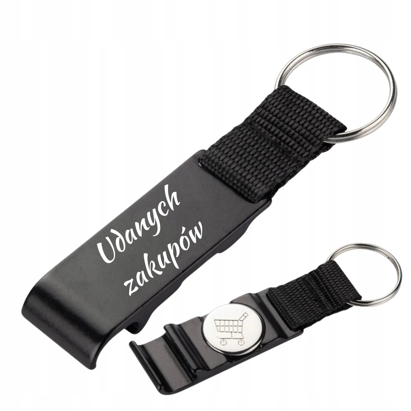 Brelok do kluczy z otwieraczem i żetonem czarny z WŁASNYM NAPISEM LOGO