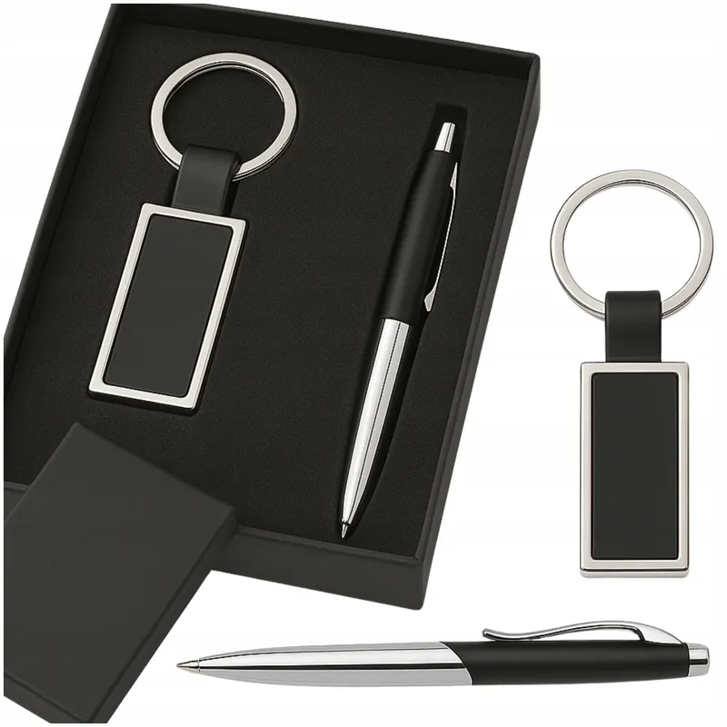 PREMIUM zestaw: DŁUGOPIS + BRELOK w etui METAL czarny wkład
