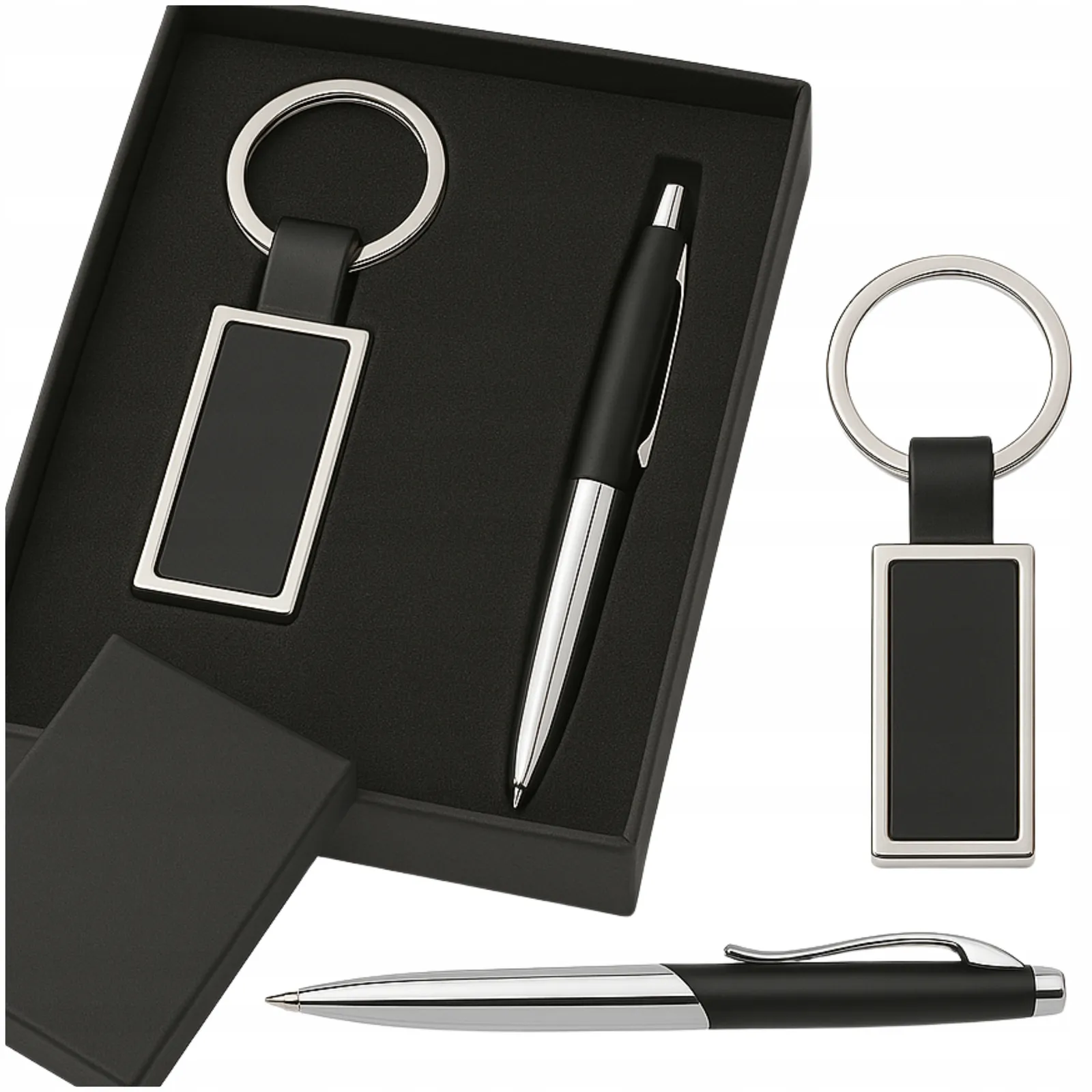 PREMIUM zestaw: DŁUGOPIS + BRELOK w etui METAL czarny wkład
